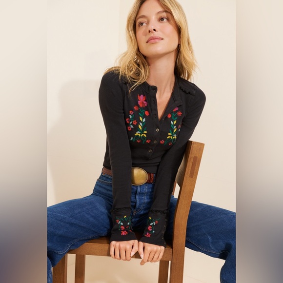 Free People Tops - Free People Fleur Embroidered Cuff Henley